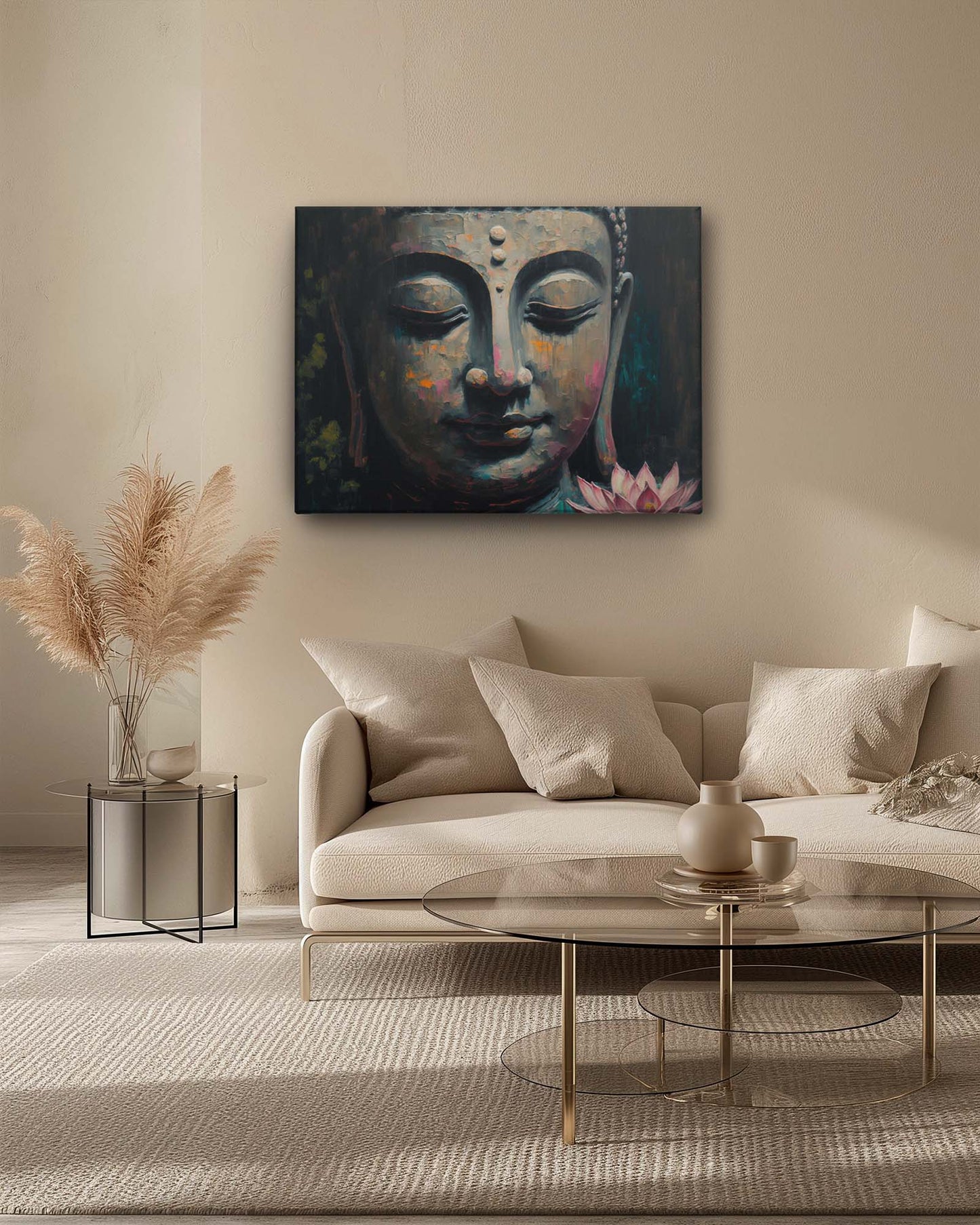 Buddha's abstract canvas art in a neutral background living room features a serene depiction of Buddha that blends harmoniously with the room's calming tones. The neutral backdrop enhances the artwork's soothing colors and peaceful presence, creating a tranquil and reflective atmosphere. The art adds a touch of spiritual elegance, complementing the room's serene decor-Muselot