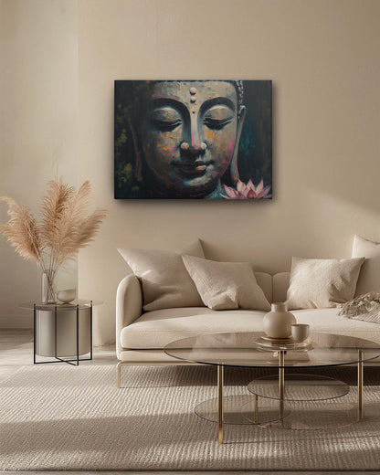 Buddha's abstract canvas art in a neutral background living room features a serene depiction of Buddha that blends harmoniously with the room's calming tones. The neutral backdrop enhances the artwork's soothing colors and peaceful presence, creating a tranquil and reflective atmosphere. The art adds a touch of spiritual elegance, complementing the room's serene decor-Muselot