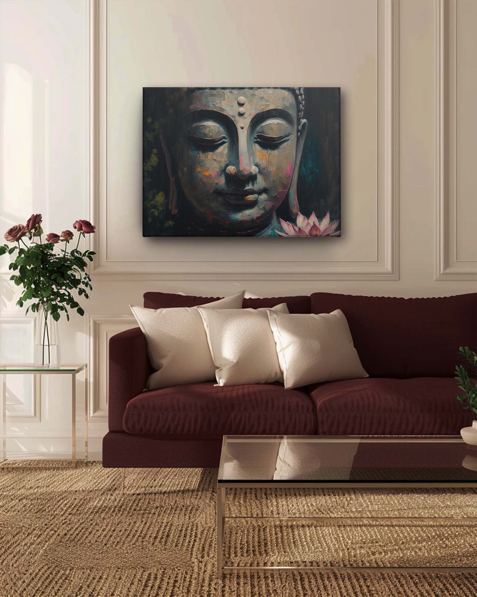 The Buddha's meditative canvas art graces a living room, its serene depiction of Buddha radiating calm and tranquility. The artwork's soothing colors and peaceful expression enhance the room's atmosphere, creating a serene and reflective space. The art complements the living room's decor, adding a touch of spiritual elegance and meditative calm-Muselot