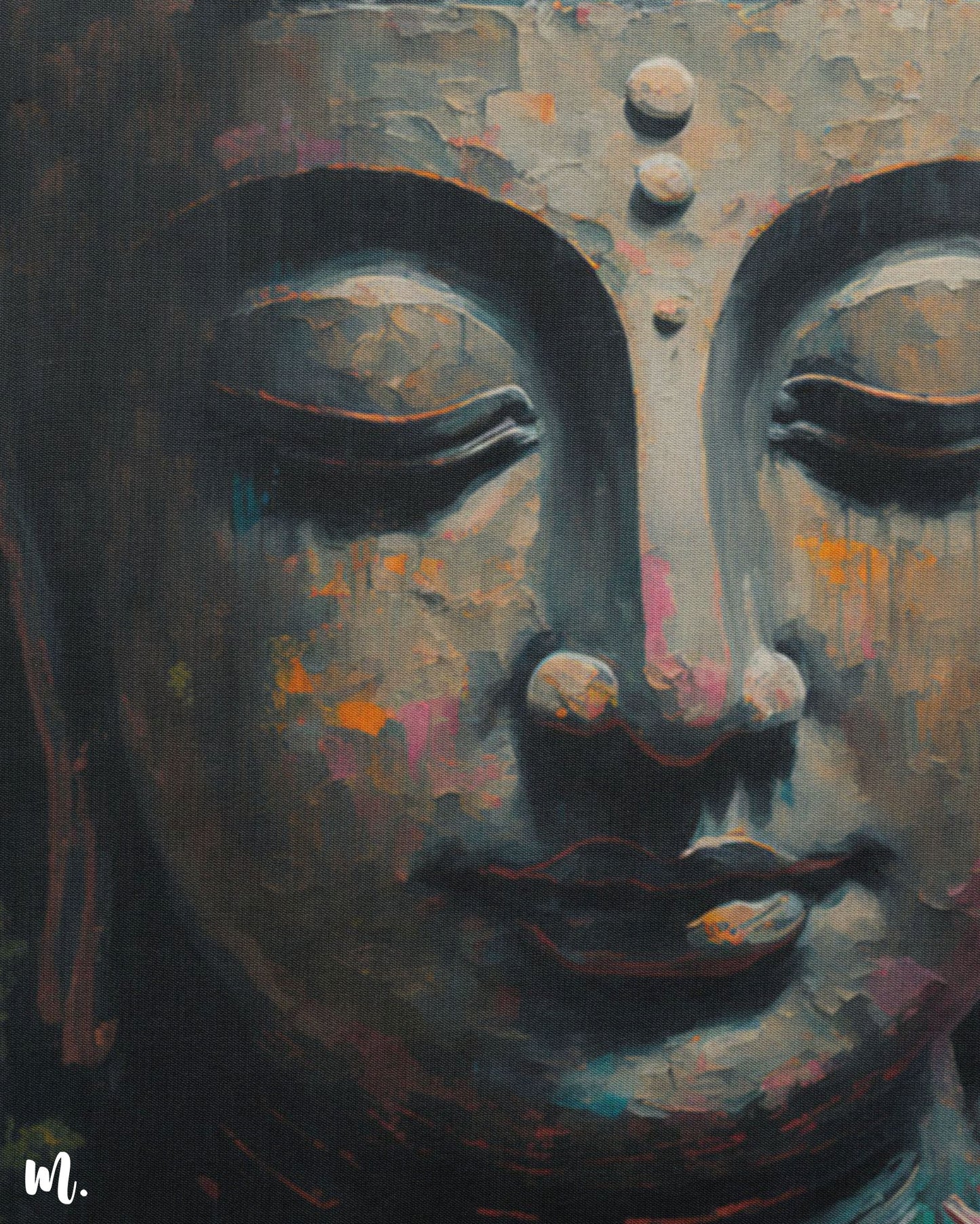 A zoomed-in view of modern Buddha's abstract canvas wall art reveals intricate details of Buddha's serene expression and delicate features. It highlights the subtle brushstrokes and calming colors, capturing the tranquility and gentle aura of the piece. The fine details enhance the meditative quality of the artwork, making it a deeply soothing and reflective focal point-Muselot