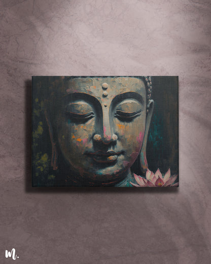 Buddha's modern canvas art on a light background features a serene depiction of Buddha, radiating calm and tranquility. The soft background enhances the artwork's soothing colors and peaceful expression, creating a tranquil and uplifting focal point-Muselot