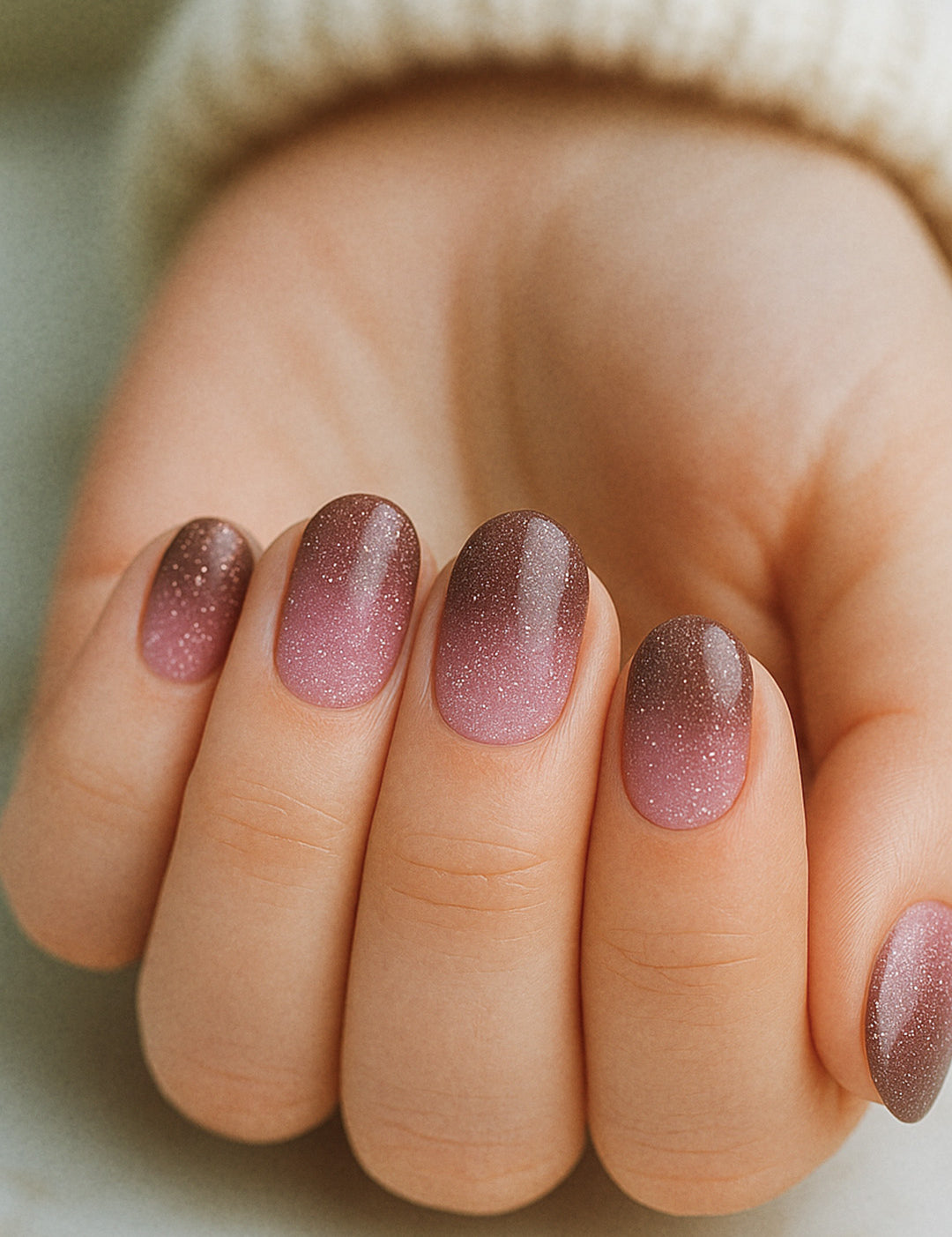 A model hand styled with Choco Plum Ombre nail art stickies, showcasing the flawless transition from soft plum at the base to deep chocolate brown at the tip, highlighted with glitter for a radiant ombre finish that looks elegant, chic, and salon-ready – Muselot.