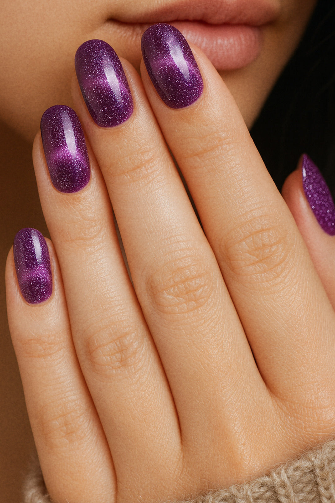 A model hand wearing Cosmic Gaze Ombre nail stickies, showcasing a deep dark-purple base that blends into a cosmic ombre effect with scattered star-like sparkles, highlighting the bold, celestial-inspired design and salon-style glossy finish – Muselot.