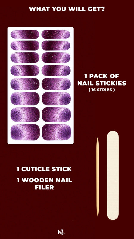 A product kit of Cosmic Gaze dark purple ombre nail stickies, showcasing 1 pack of 16 strips with a galaxy-inspired gradient design, along with a wooden cuticle stick and a nail filer, highlighting the complete set you’ll receive to achieve a bold, salon-style manicure at home – Muselot.