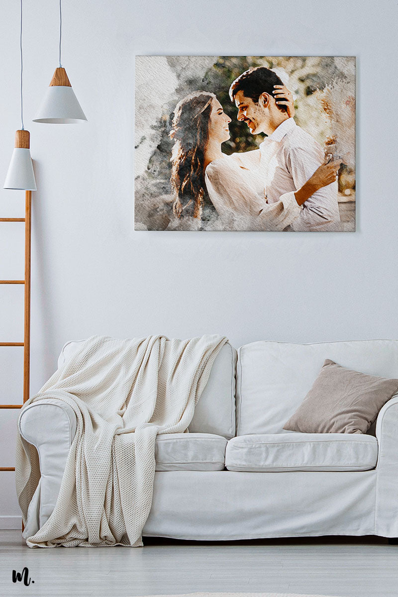 Personalized picture to watercolour art canvas of couple in love - Muselot