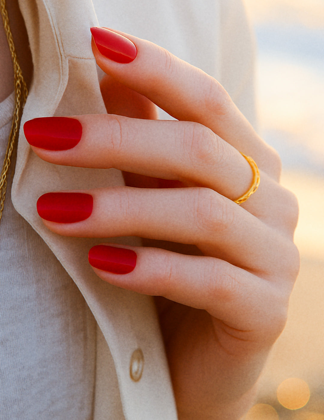 A model hand wearing Crimson Kiss Red Solid Nail Polish Stickies, featuring a striking crimson red hue with a flawless glossy finish, giving a bold and sophisticated look that stands out with timeless elegance – Muselot.