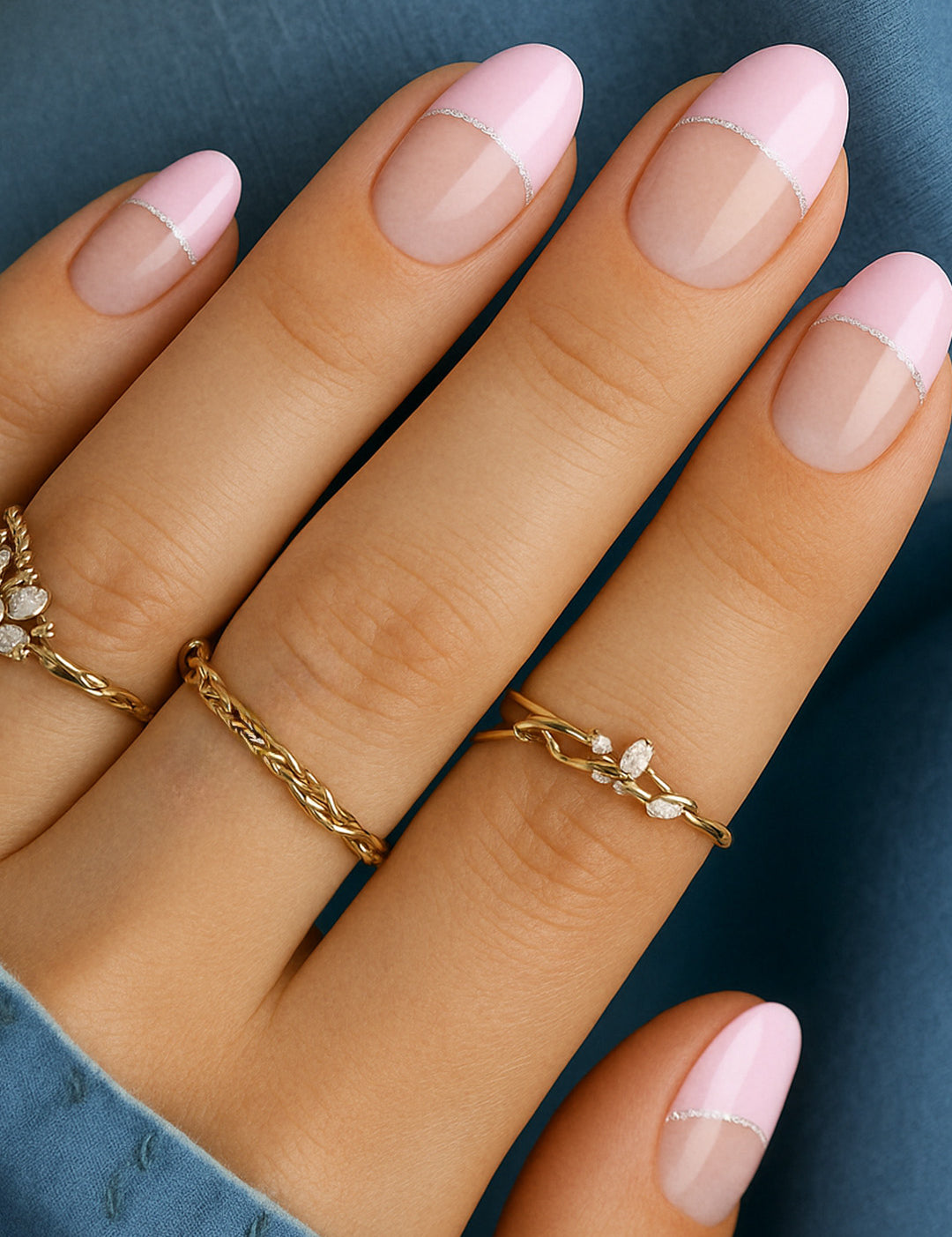 A close-up of a model’s hand featuring the Crowned Petal French Tip nail stickies, designed with a glossy baby pink tip outlined by a fine silver glitter curve over a natural nude base, creating a chic and playful French manicure look – Muselot.