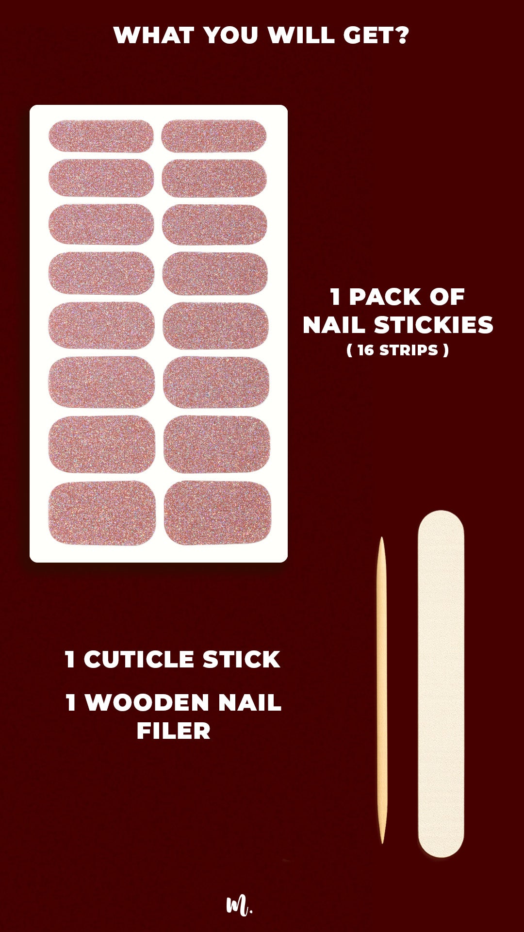 Dusty Rose Glitter nail art pack, showcasing the full set with 16 rose-pink glitter nail stickies in assorted sizes, along with a cuticle stick and a wooden nail filer, highlighting everything included to achieve a sparkling and salon-style manicure at home – Muselot.