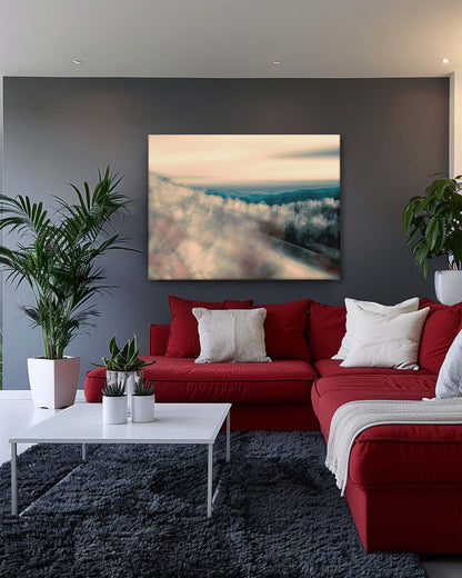 A modern abstract canvas art on a dark background features a serene and atmospheric horizon scene shrouded in mist. The dark backdrop enhances the artwork’s subtle hues and soft gradients, creating a dramatic contrast that highlights the misty, tranquil quality of the horizon. The piece adds depth and elegance to any space-Muselot