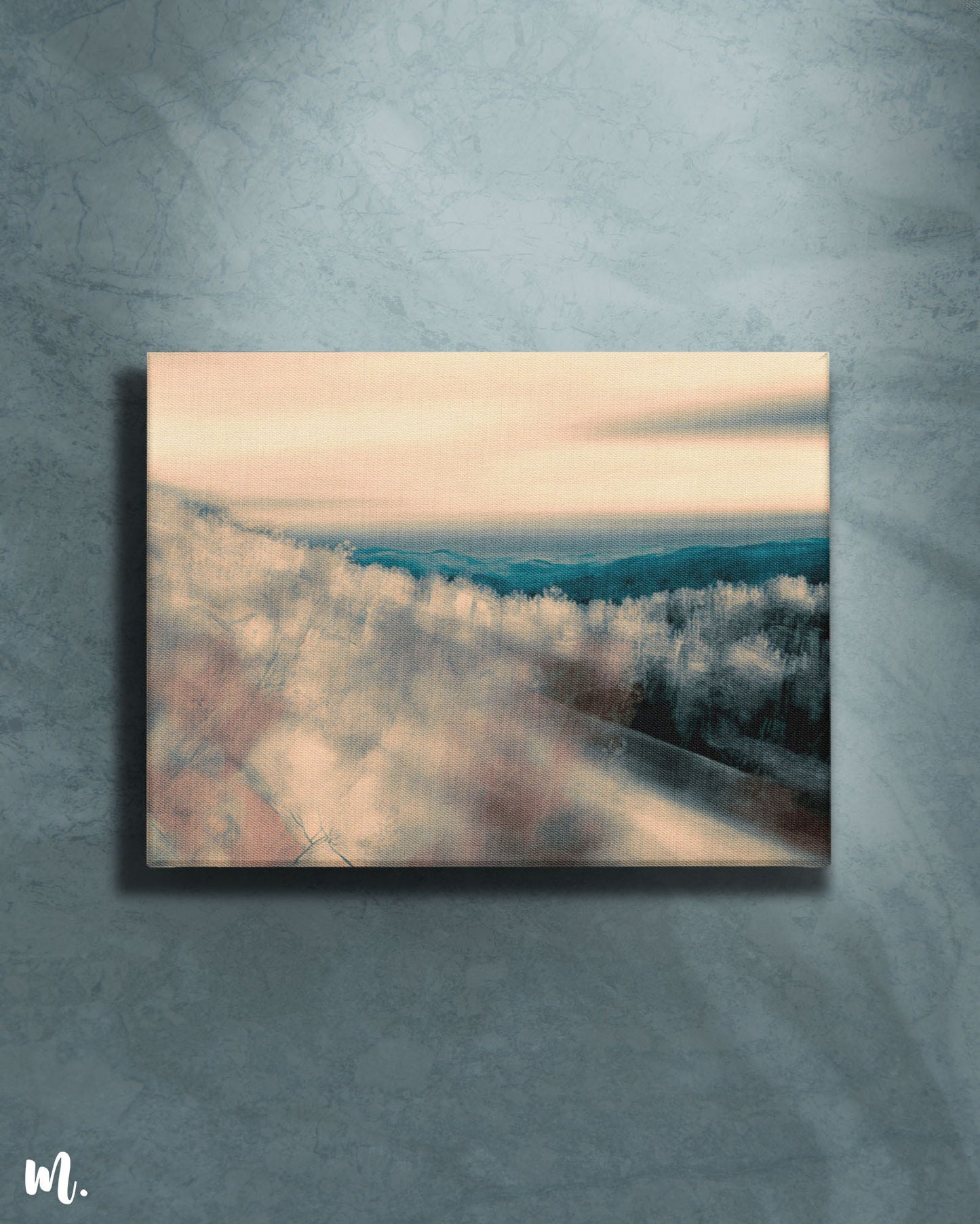 modern canvas art on a light background showcases a soft, atmospheric horizon enveloped in mist. The light backdrop enhances the artwork’s subtle gradients and delicate hues, creating a serene and ethereal focal point that adds a touch of calm and elegance to the space.-Muselot