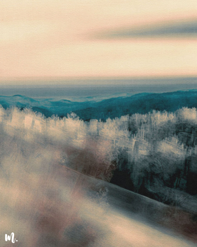 A close-up of forest and mountain modern canvas art reveals the delicate textures and subtle transitions of mist and horizon. The intricate details of the soft gradients and gentle hues are highlighted, emphasizing the serene and ethereal quality of the artwork. The close view enhances the artwork's depth and atmospheric charm.-Muselot