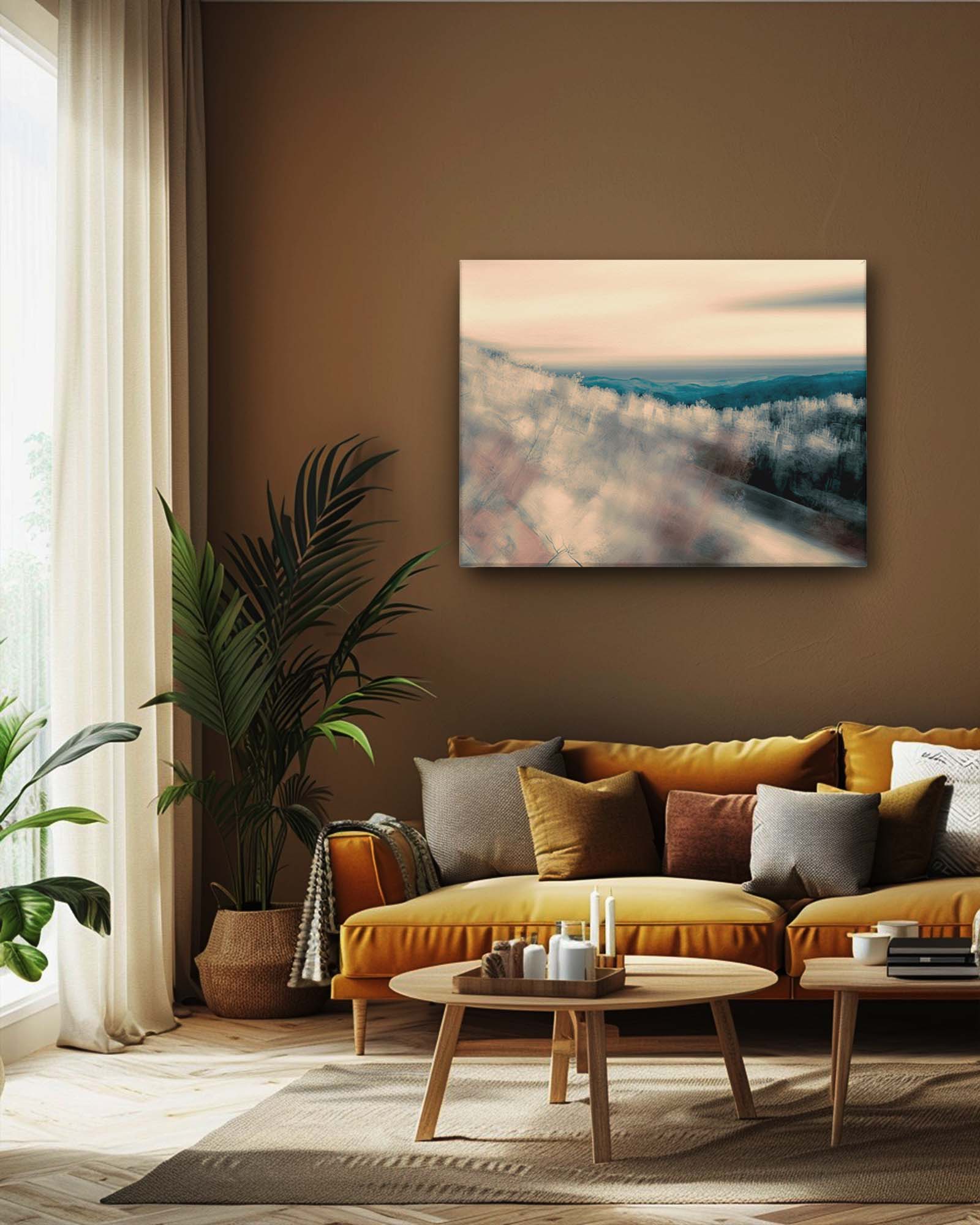 Modern abstract canvas art on a dark background features a tranquil, misty horizon that contrasts beautifully with the dark wall. The artwork's subtle gradients and serene colors stand out vividly, creating a striking focal point. Complemented by the surrounding furniture, which likely includes rich, dark tones, the piece adds a sophisticated and calming atmosphere to the living room.-Muselot