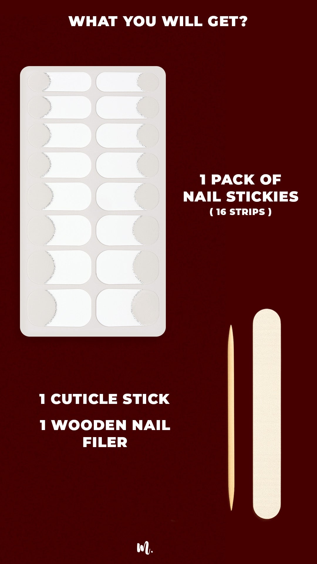 Frosted Charm French Tip Nail Stickies kit  includes 16 nail stickers, a cuticle stick, and a wooden nail filer, designed to give you salon-perfect French nails at home with ease and lasting shine-Muselot