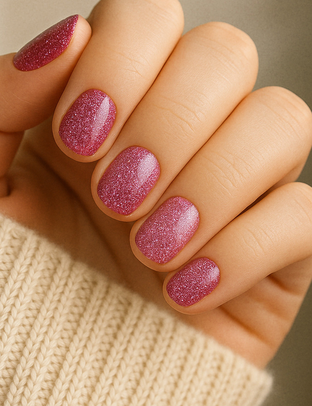 A model’s hand featuring Glitter Crush nail stickies in a pink-plum tone, finished with a sparkling glitter polish effect that adds a radiant, eye-catching glow while keeping the nails looking polished and salon-fresh – Muselot.