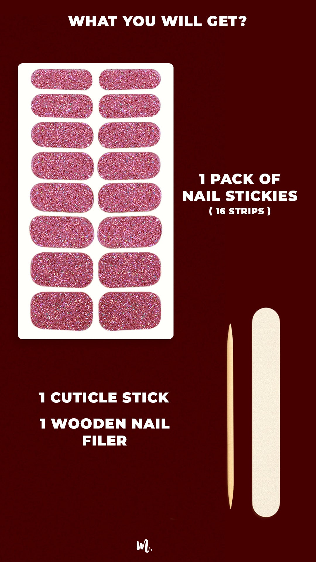 A simple Glitter Crush nail art kit featuring pink glitter stick-on polish strips, offering salon-style nails at home with an easy application process – Muselot.