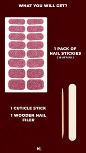A simple Glitter Crush nail art kit featuring pink glitter stick-on polish strips, offering salon-style nails at home with an easy application process – Muselot.