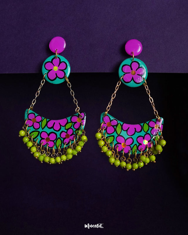 Gulbahar chandbali earrings featuring a vibrant mix of teal and magenta floral patterns with lime green bead drops, highlighting bold handcrafted details and showcasing their festive, playful charm — Muselot.