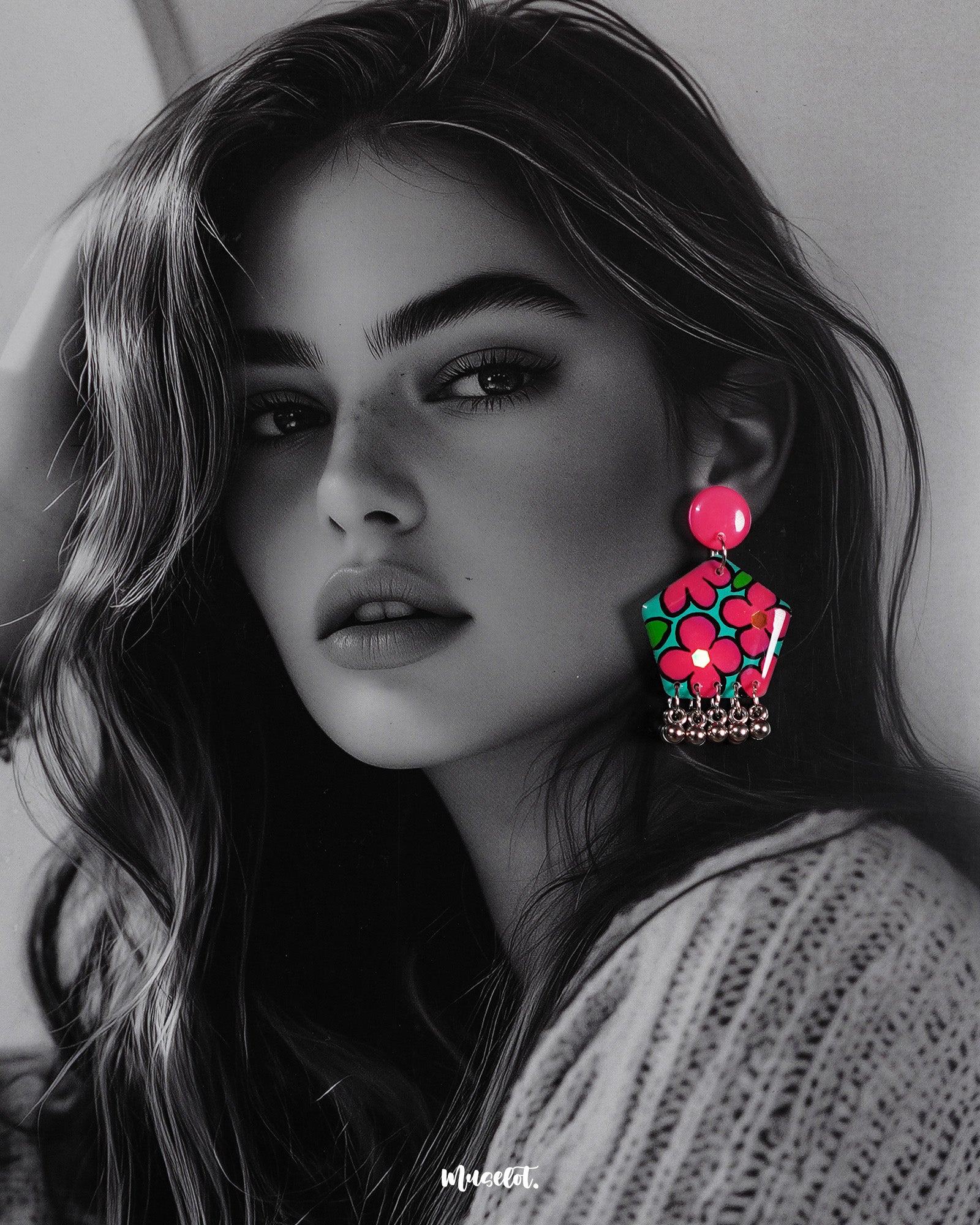 Close-up shot of a model wearing Gulshafa floral stud earrings, showcasing delicate floral details and earthy tones that add a touch of bohemian elegance to the overall look — Muselot.