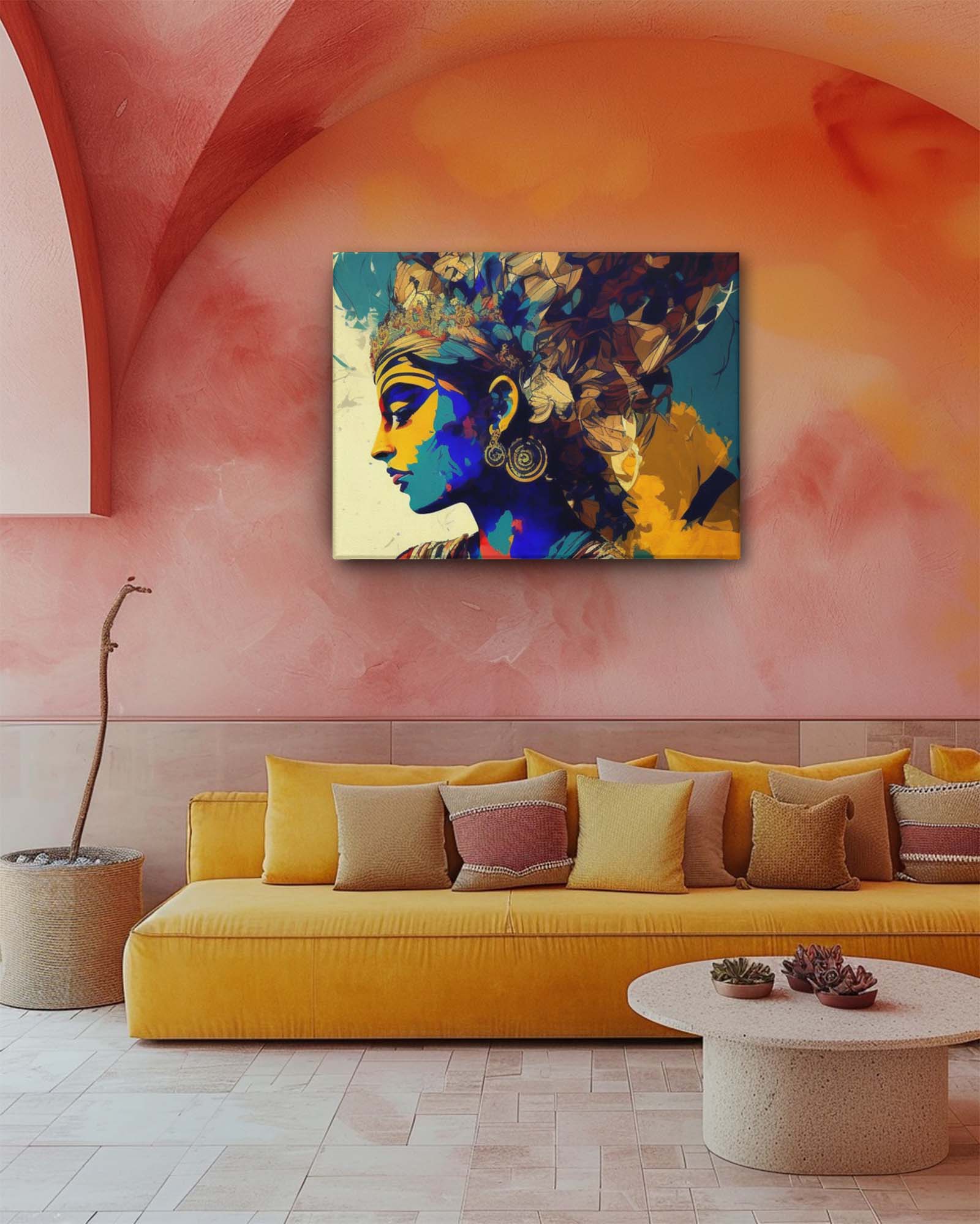 The modern Lord Krishna wall art canvas, set against a mixed background in the living room, features a contemporary depiction of Krishna with vibrant colors and abstract elements. The varied background adds depth and contrast, making the artwork a dynamic focal point. The blend of traditional and modern elements enriches the room’s aesthetic, creating a striking and elegant visual impact-Muselot