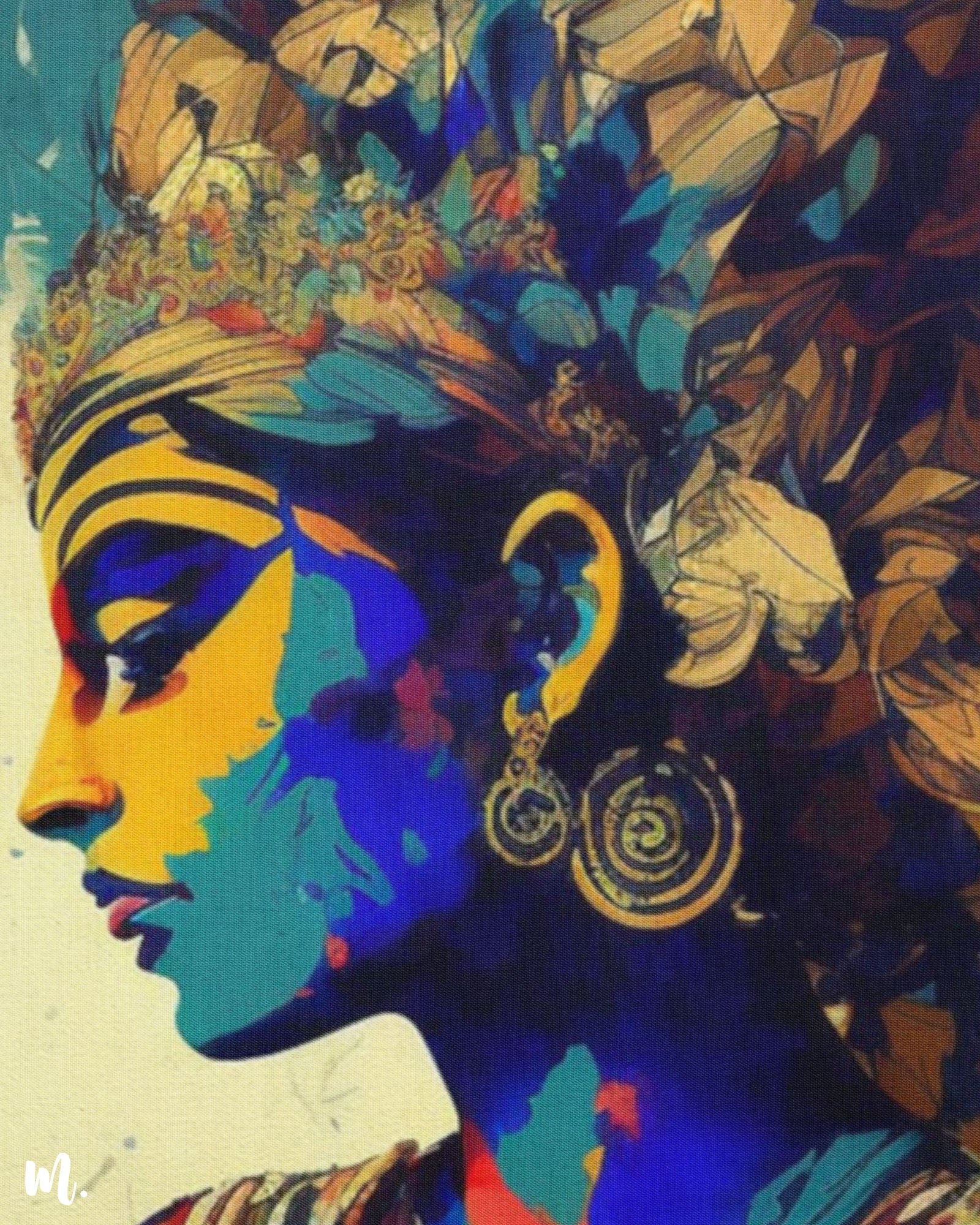 A zoomed-in view of the modern Lord Krishna wall art canvas reveals intricate details of the depiction. It highlights Krishna's features, vibrant colors, and the fine brushstrokes that bring the contemporary design to life. The delicate interplay of hues and textures emphasizes the artwork’s artistic depth and spiritual elegance.-Muselot