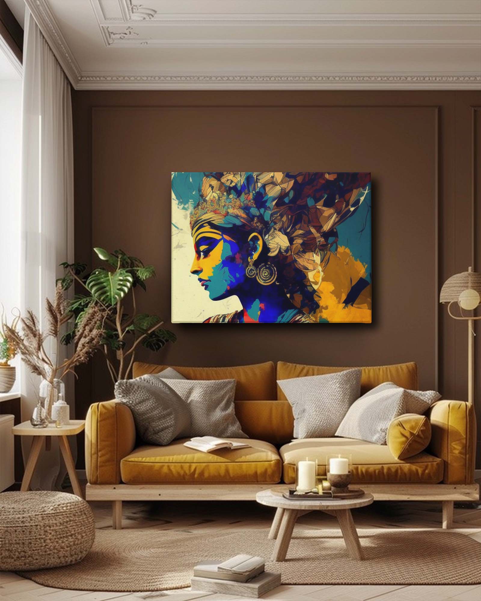 The modern Lord Krishna wall art canvas, displayed on a dark background in a living room with dark furniture, creates a striking contrast. The deep tones of the background and furniture enhance the artwork’s vivid colors and contemporary design. The combination adds a dramatic and sophisticated touch, making Krishna the focal point of the space-Muselot