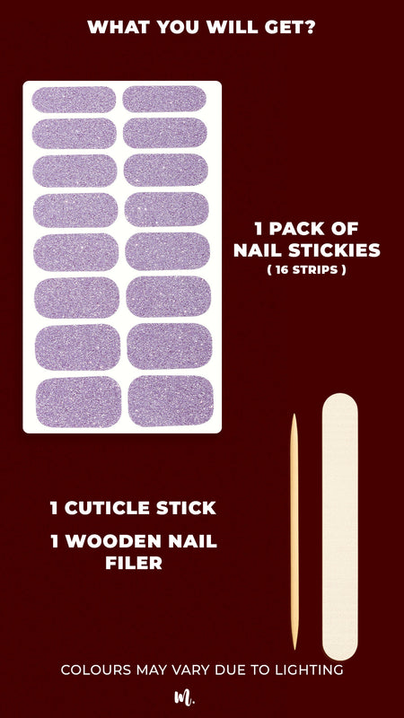 A product kit image of Lilac Dust glitter nail art stickies, showcasing the full set with multiple lavender glitter strips, highlighting the elegant shimmer, easy peel-and-apply format, and complete kit essentials for a salon-style manicure at home – Muselot.