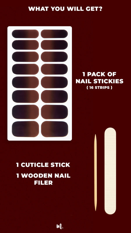 A product flatlay showing the Melted Cocoa brown ombre nail art stickies kit, showcasing a full pack of 16 gradient nail strips in rich brown tones, along with a wooden cuticle stick and a nail filer, highlighting the complete set you receive for an easy salon-style manicure at home – Muselot.