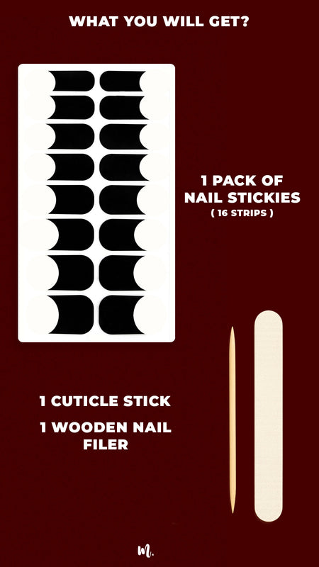 A complete kit of Midnight Tiara French tip nail art stickies, featuring sleek black French tips on a natural nude base, designed for a bold yet classy look. The kit includes multiple sizes for a perfect fit, along with essentials to apply and finish the manicure with ease – Muselot.