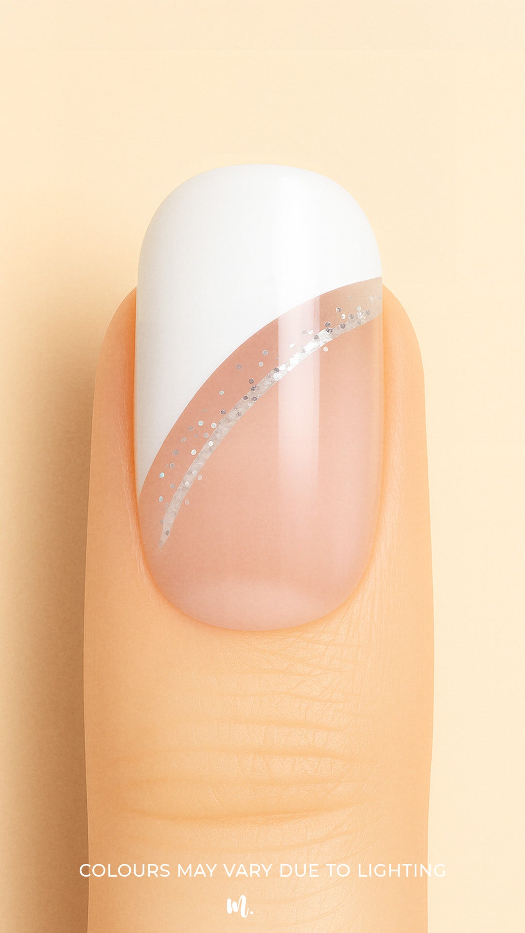 A close-up view of a single nail featuring the Moonlit Wave French Tip Nail Stickies design from Muselot. The nail has a crisp white diagonal French tip accentuated by a delicate silver glitter line, blending into a natural nude base. The glossy finish enhances the chic and modern look, perfect for elegant nail art styles.
