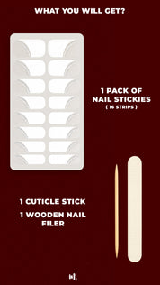 A flat-lay product display of the Moonlit Wave White French Tip Nail Stickies Kit, including 16 premium nail stickies with a chic diagonal white French tip design accented by a silver glitter stripe, a wooden cuticle stick, and a nail filer — all essentials for a flawless at-home manicure set by Muselot.
