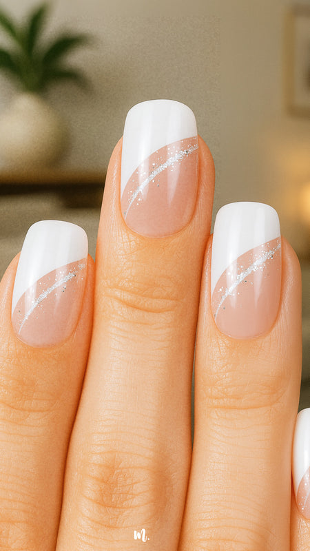 A model’s hand showcasing the Moonlit Wave White French Nail Art from Muselot. The nails feature a modern diagonal French tip in crisp white, highlighted with a fine silver glitter accent line, contrasted against a glossy nude base. The elegant design gives a polished, sophisticated finish perfect for everyday chic or special occasions.