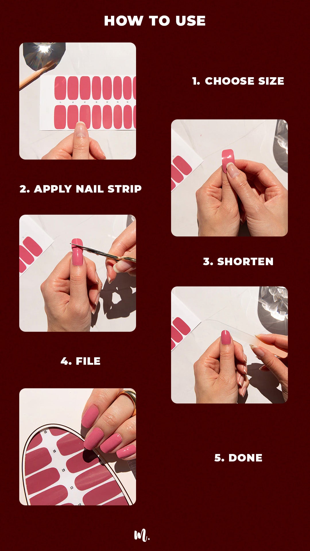 Step-by-step application process of nail art stickies kit, showing how to prep the nail, peel and place the sticky, smooth it out for a flawless finish, and seal for long-lasting wear – Muselot.