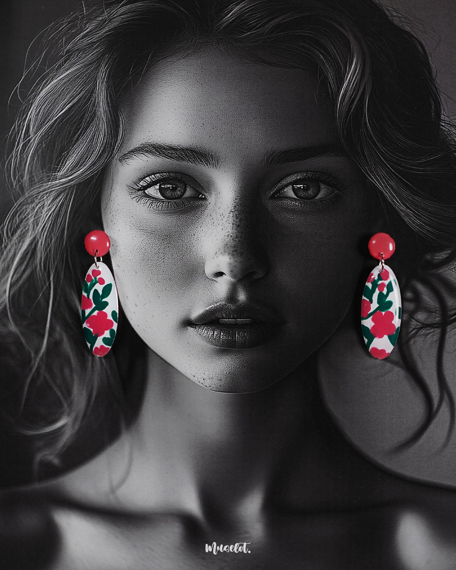 A woman wearing the Nargis handmade floral drop earrings with her hair tucked back, highlighting the vivid pink floral pattern and the glossy finish that showcases the hand-painted craftsmanship and playful elegance — Muselot.