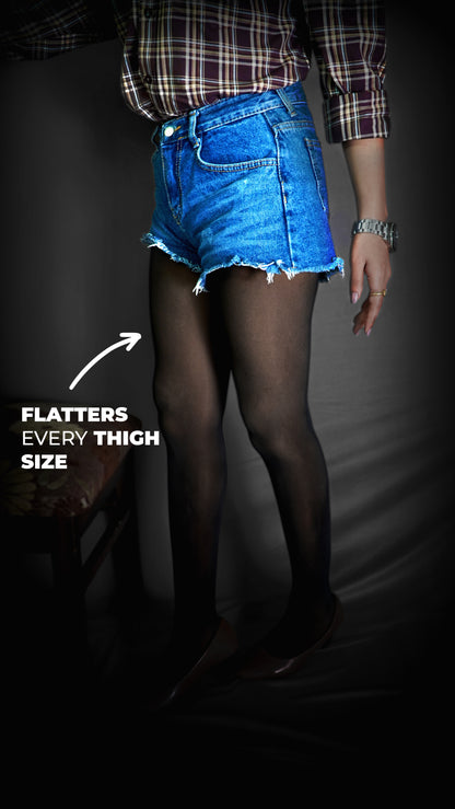 A close-up of the lower part of a woman wearing no fur sheer effect plus size tights for girls, highlighting the stretchable stockings that perfectly fits to every thigh size-Muselot