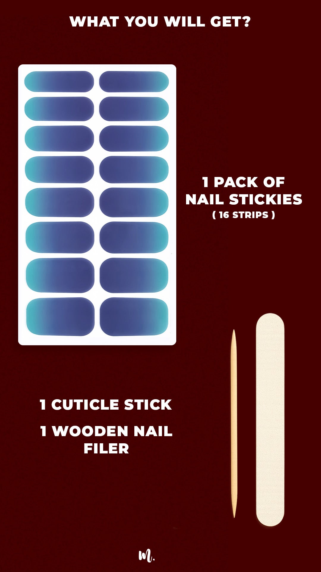 A neatly laid-out kit of Ocean Dip Ombre Nail Stickies, showcasing 16 gradient strips in deep navy to aqua teal tones, along with a wooden cuticle stick and nail filer, highlighting the complete set you receive for an easy, salon-like ombre manicure at home – Muselot.