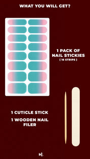 Flat lay of the Ocean Sunset ombre nail art kit featuring 1 pack of nail stickies (16 strips) in a teal-to-pink gradient design, along with 1 cuticle stick and 1 wooden nail filer – everything you need for a smooth and salon-like manicure at home – Muselot.