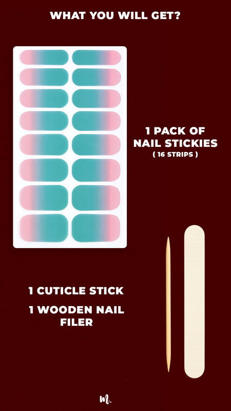 Flat lay of the Ocean Sunset ombre nail art kit featuring 1 pack of nail stickies (16 strips) in a teal-to-pink gradient design, along with 1 cuticle stick and 1 wooden nail filer – everything you need for a smooth and salon-like manicure at home – Muselot.