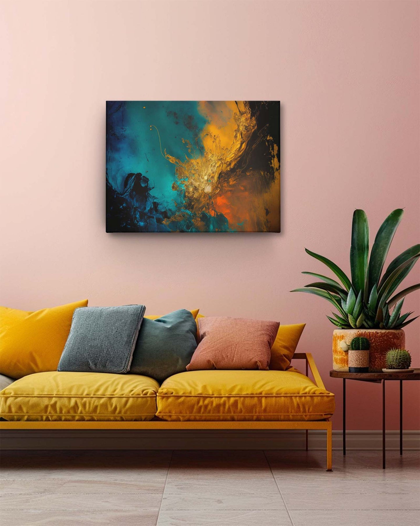 A modern ocean and fire abstract art displayed in a modern living room setting, showcasing the dynamic and lively abstract art-Muselot