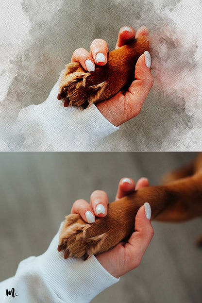 Watercolour art customization of pet paws in her dog mother's hands - Muselot