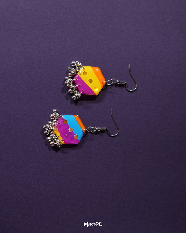 the Rangbahaar colorful hook earrings, showcasing the vibrant multicolor hexagonal design with glinting sequin accents and delicate silver bead danglers that sway gracefully — Muselot
