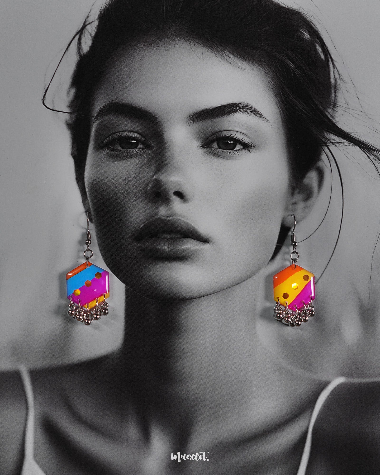 A model wears the Rangbahaar hook earrings, showcasing the vivid blend of orange, yellow, pink, and blue tones with shimmering sequins and playful metallic danglers, adding a bold and festive charm to her look — Muselot.