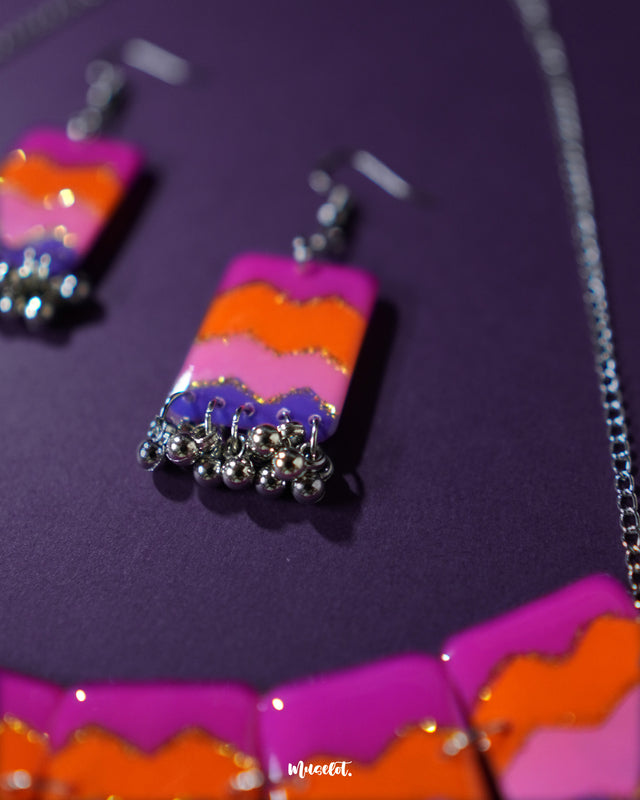 A close-up of the model wearing a single earring from the Rangrezan handmade necklace set reveals the vibrant detailing—multicolored beads, gold-toned accents, and traditional design elements that celebrate the art of Indian craftsmanship — Muselot.
