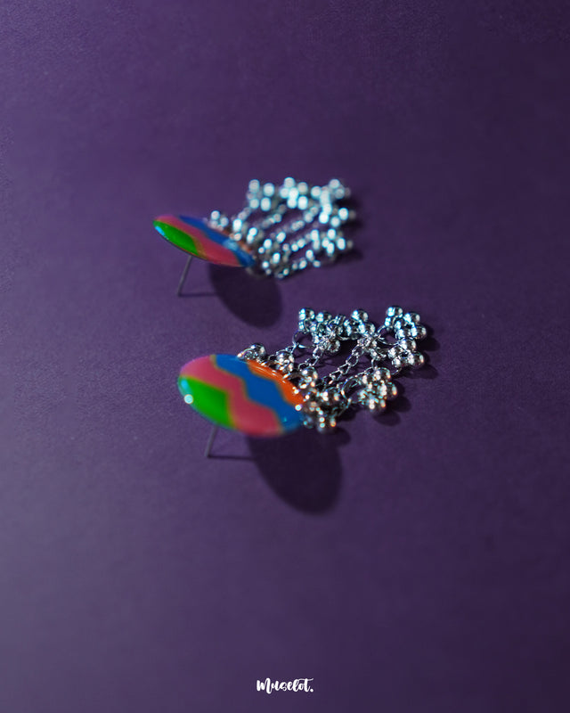 The Rangtarang colorful long chain earrings displayed against a neutral backdrop, highlighting their fluid, dangling design and multicolored elements that add a playful yet elegant charm – Muselot.
