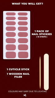 A image of Rose Clay nail art kit, showcasing everything included in the pack – glossy mauve nail stickies in multiple sizes, a cuticle stick and mini nail filer, highlighting the complete set for a perfect at-home manicure – Muselot.