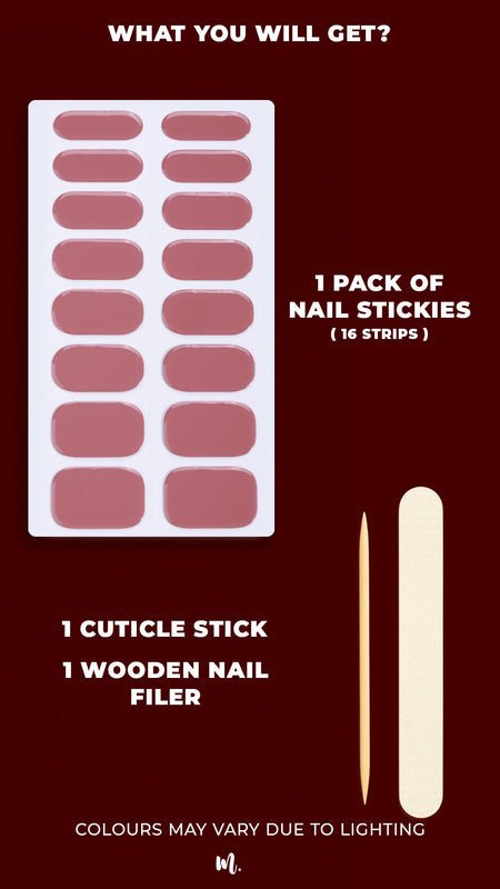 A image of Rose Clay nail art kit, showcasing everything included in the pack – glossy mauve nail stickies in multiple sizes, a cuticle stick and mini nail filer, highlighting the complete set for a perfect at-home manicure – Muselot.
