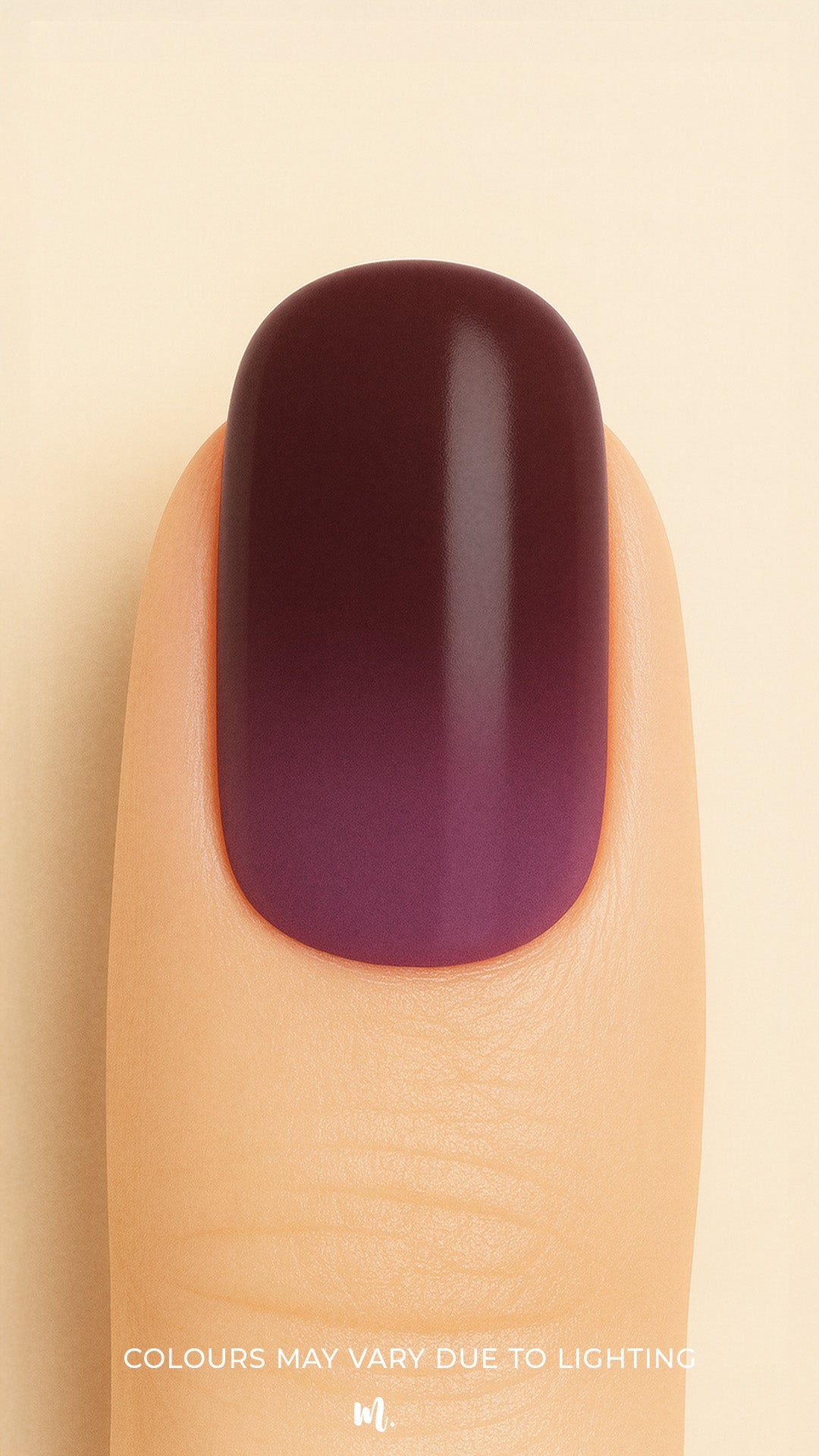 A close-up shot of a model’s finger featuring Rosewood Ombre Nail Stickies, showcasing a smooth gradient blending deep brown into rich plum tones, highlighting the bold yet elegant finish of ombre nail art with a glossy sheen – Muselot.