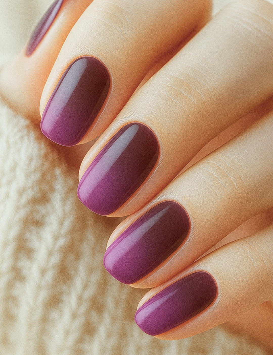 A model’s hand styled with Rosewood Ombre Nail Stickies, showcasing a seamless gradient from deep brown to plum across the nails, highlighting the bold richness and glossy elegance of this ombre nail art – Muselot.