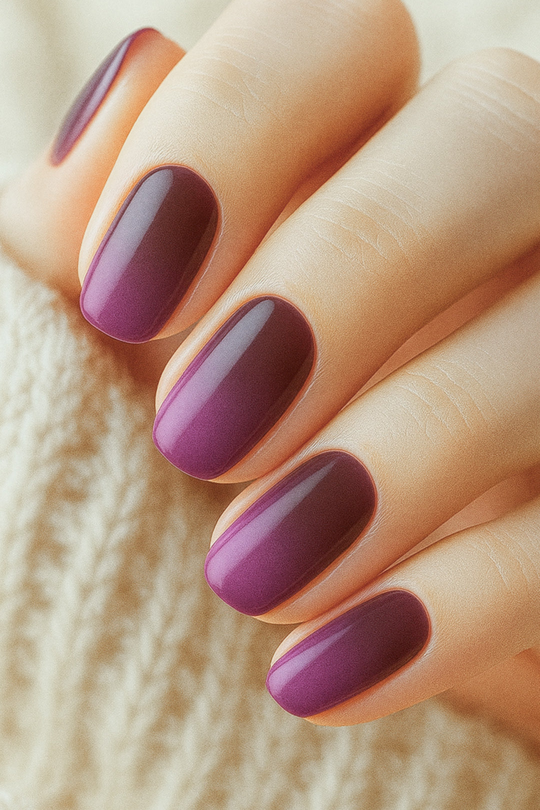 A model’s hand styled with Rosewood Ombre Nail Stickies, showcasing a seamless gradient from deep brown to plum across the nails, highlighting the bold richness and glossy elegance of this ombre nail art – Muselot.