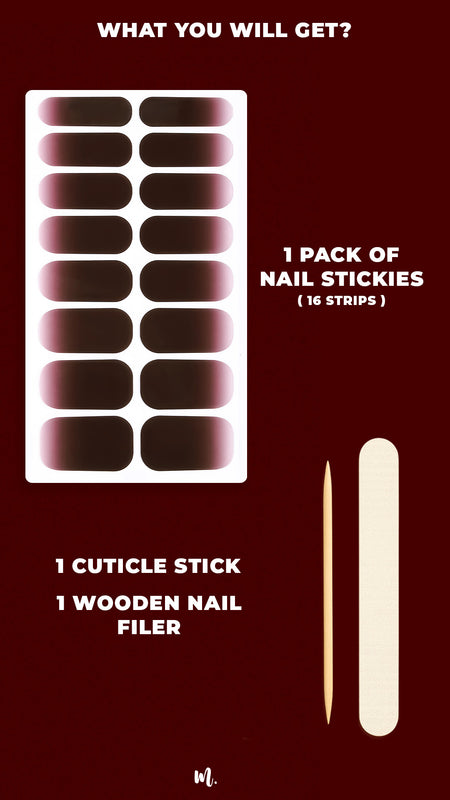 Flat lay of the Rosewood Ombre Nail Art Stickies kit, showcasing a full pack of 16 ombre strips in deep brown-to-plum gradient, accompanied by a wooden cuticle stick and a nail filer, highlighting the complete set you receive to achieve a professional, salon-style finish at home – Muselot.