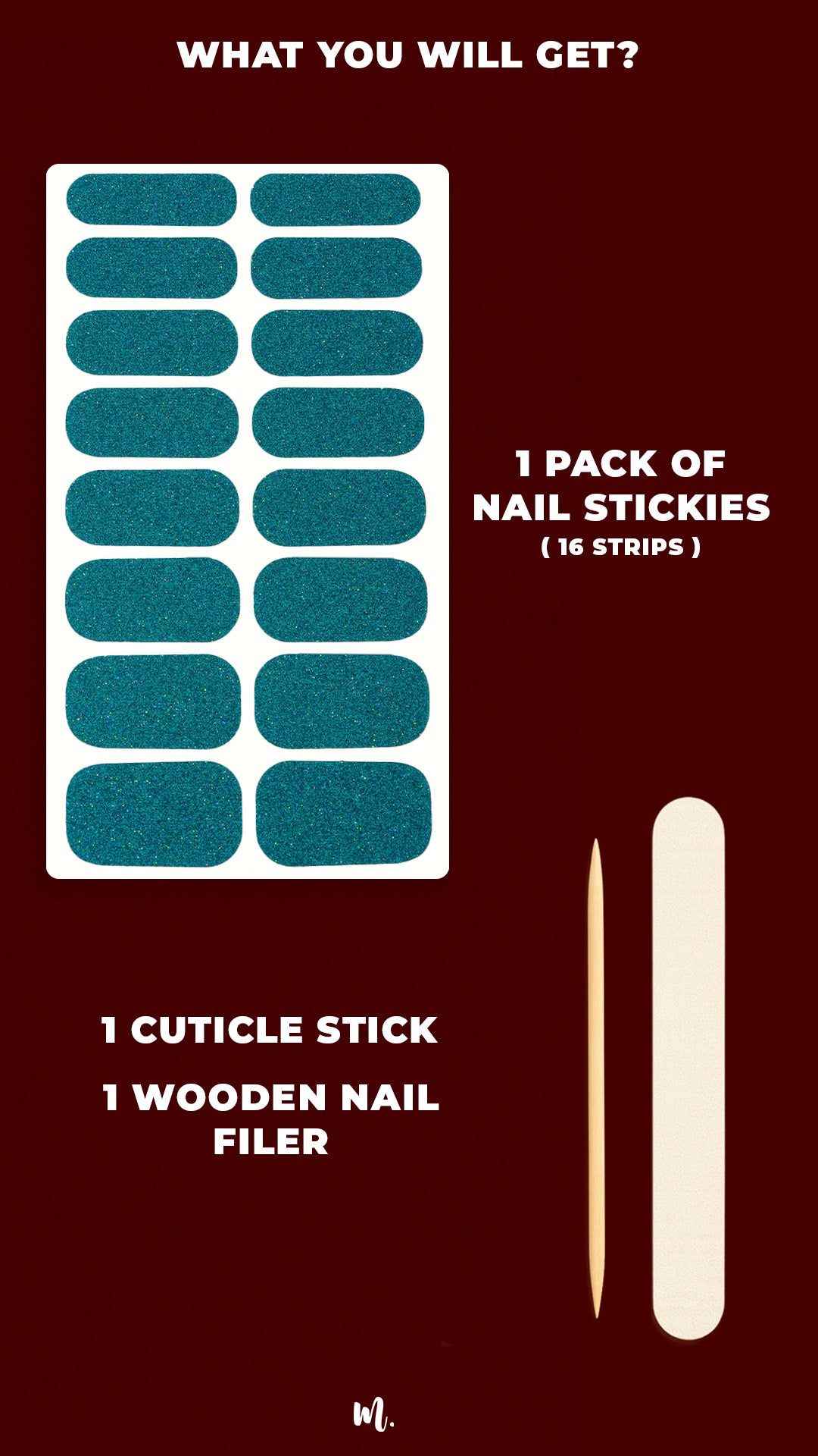 Sea Spark Glitter nail art pack, showcasing the complete set with 16 turquoise-blue glitter nail stickies in assorted sizes, along with a cuticle stick and a wooden nail filer, highlighting everything included to achieve a sparkling salon-style manicure at home – Muselot.